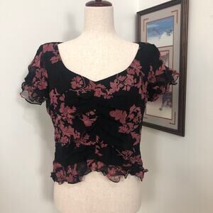 Y2K David Warren Silk Chiffon Ruffle Top Black Pink‎ Floral Fairy Grunge Medium
